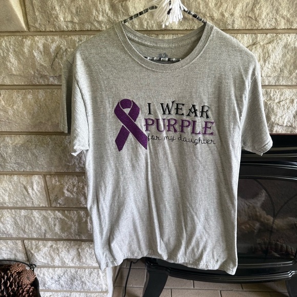 Gray T-Shirt with Purple Ribbon Design Epilepsy Pancreatic Cancer Awareness - Picture 1 of 5